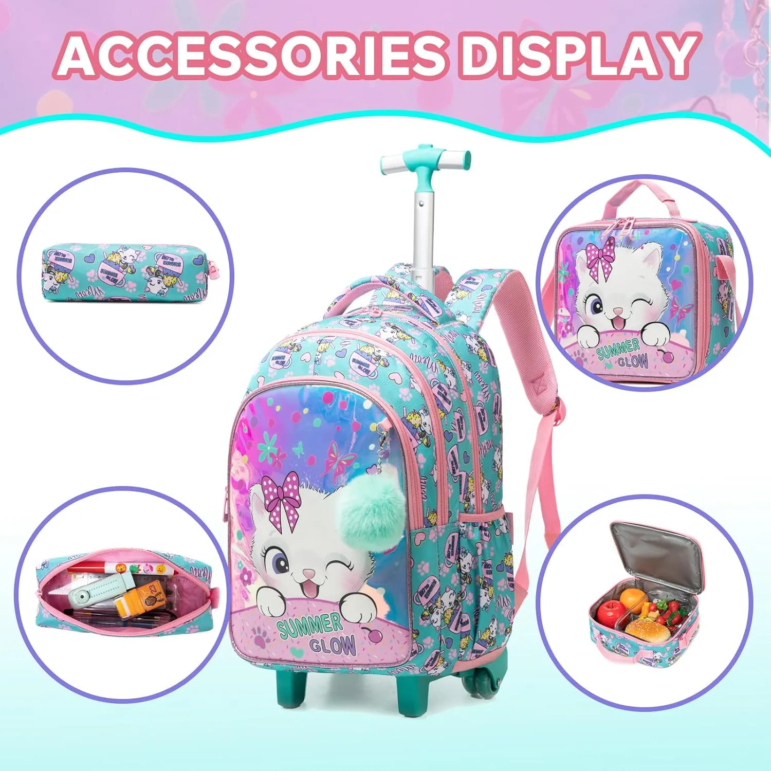 Egchescebo Girls Rolling Backpacks with Wheels 3PCS Heart Backpack Set, 5225-maomi-Colourful, 17, Travel Backpacks