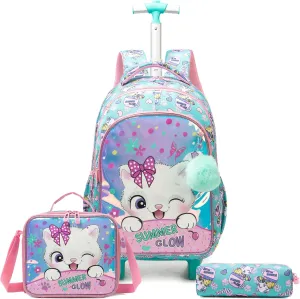 Egchescebo Girls Rolling Backpacks with Wheels 3PCS Heart Backpack Set, 5225-maomi-Colourful, 17, Travel Backpacks