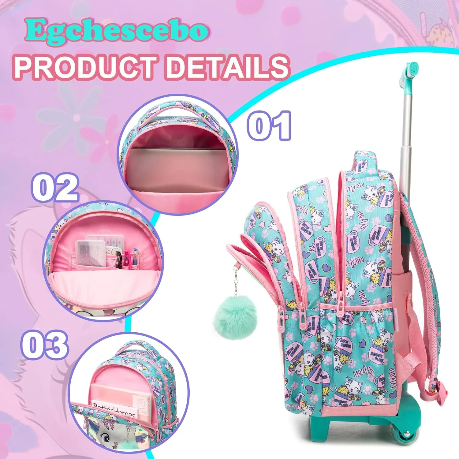 Egchescebo Girls Rolling Backpacks with Wheels 3PCS Heart Backpack Set, 5225-maomi-Colourful, 17, Travel Backpacks