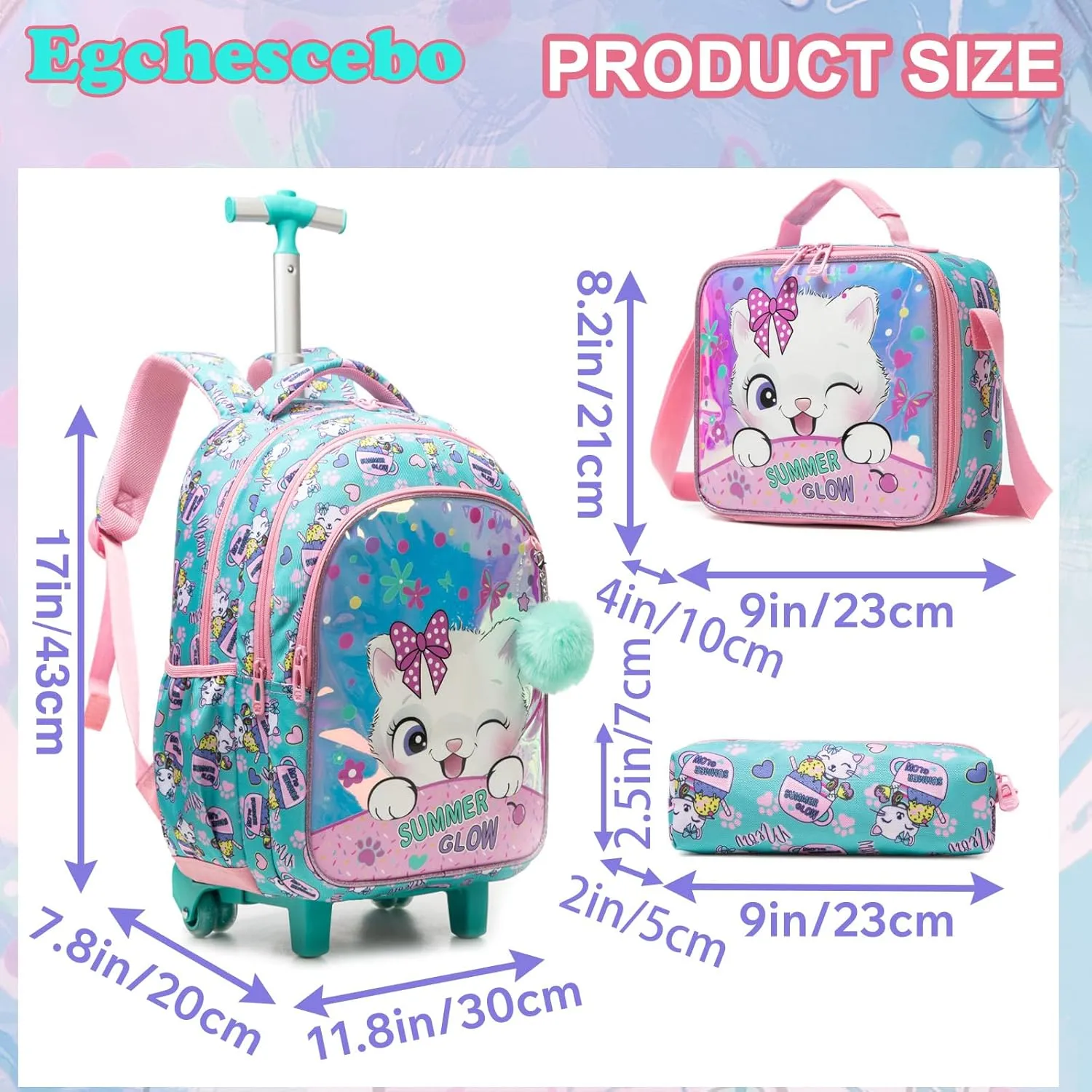 Egchescebo Girls Rolling Backpacks with Wheels 3PCS Heart Backpack Set, 5225-maomi-Colourful, 17, Travel Backpacks