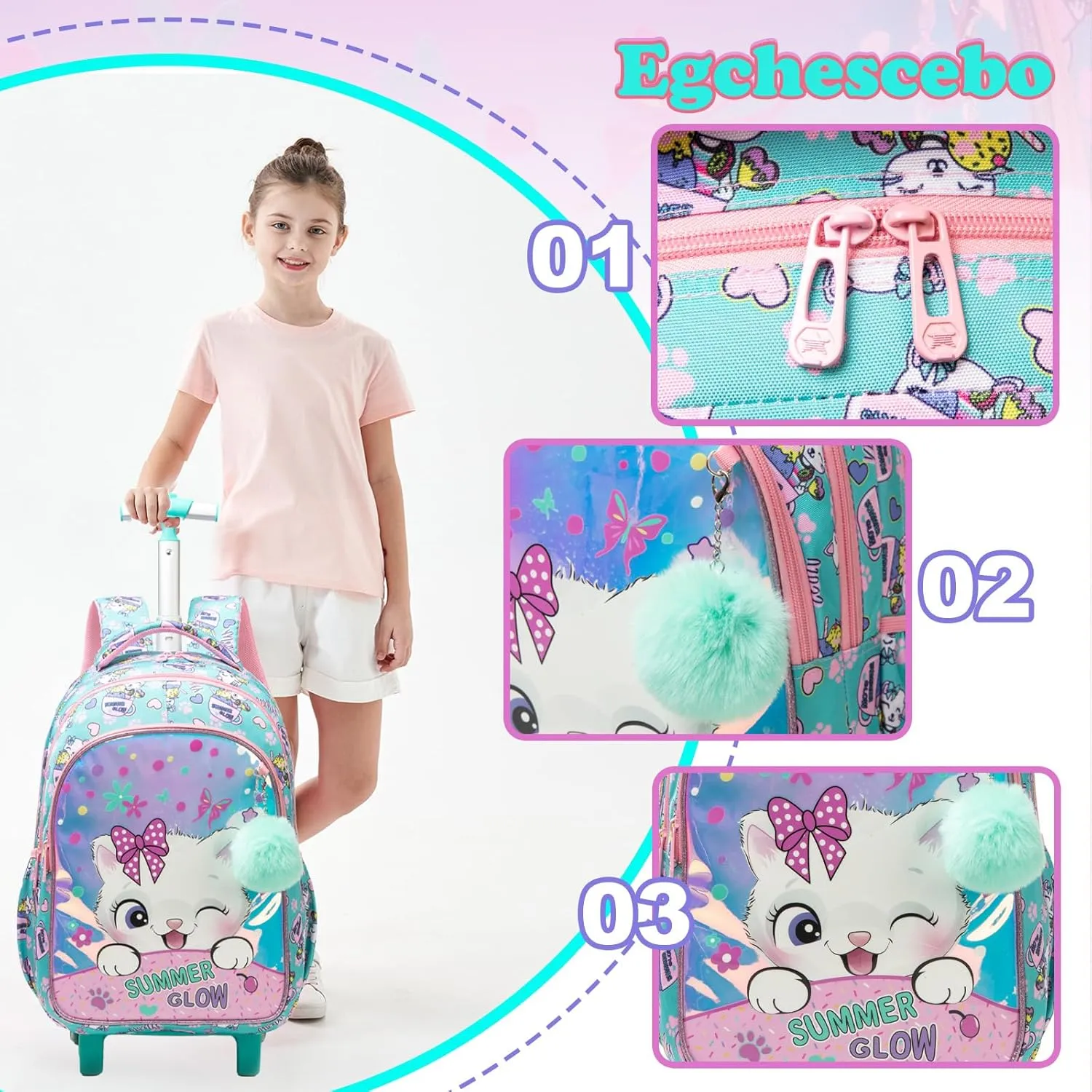 Egchescebo Girls Rolling Backpacks with Wheels 3PCS Heart Backpack Set, 5225-maomi-Colourful, 17, Travel Backpacks