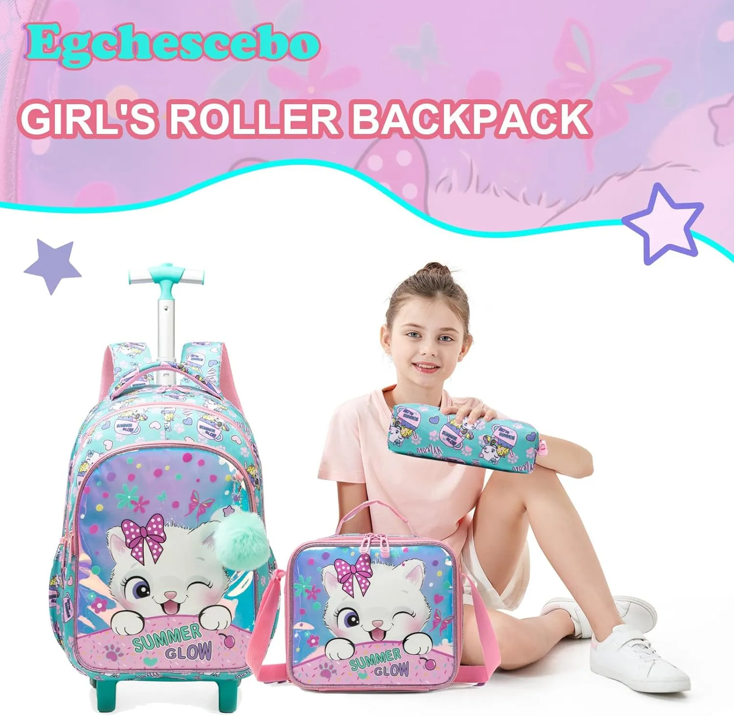 Egchescebo Girls Rolling Backpacks with Wheels 3PCS Heart Backpack Set, 5225-maomi-Colourful, 17, Travel Backpacks