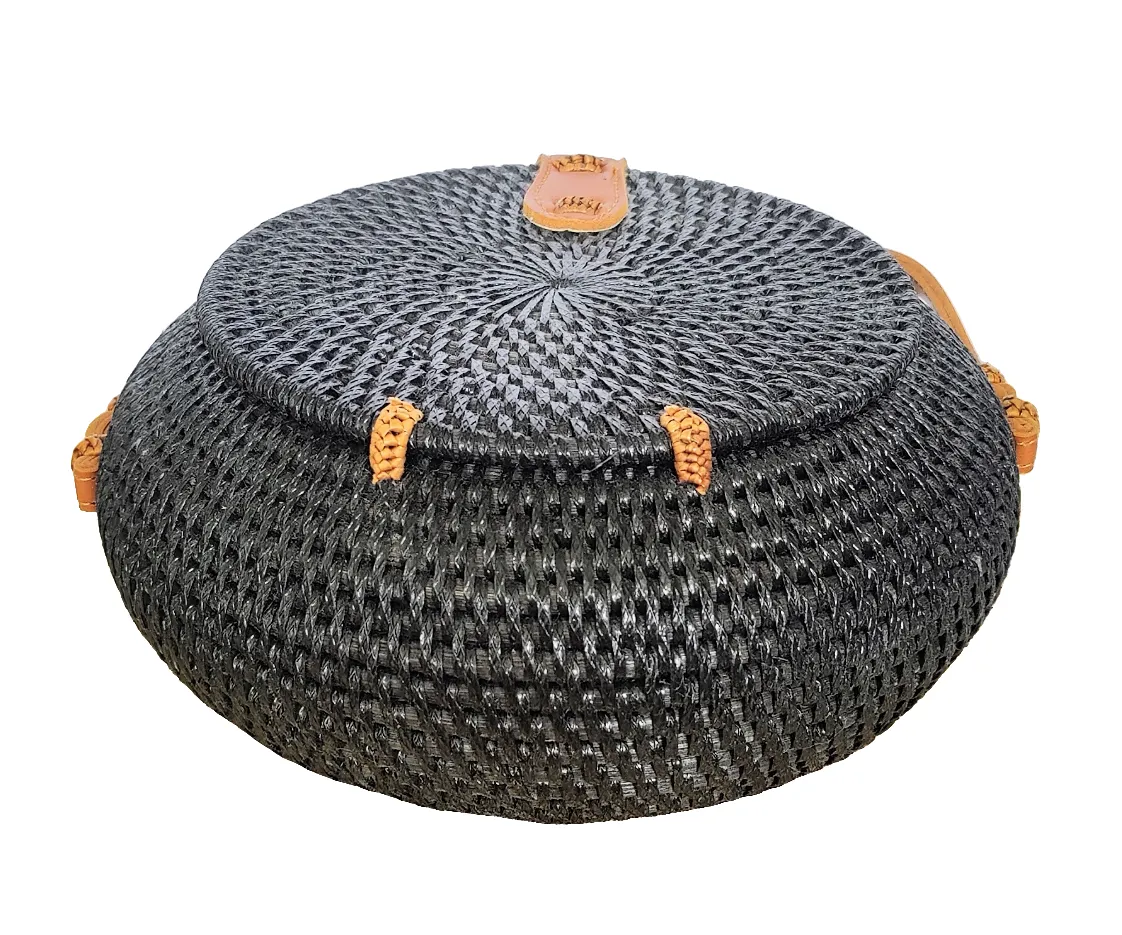 HANDBAG: HANDWOVEN ROUND SLING / CROSSBODY RATTAN BAG.