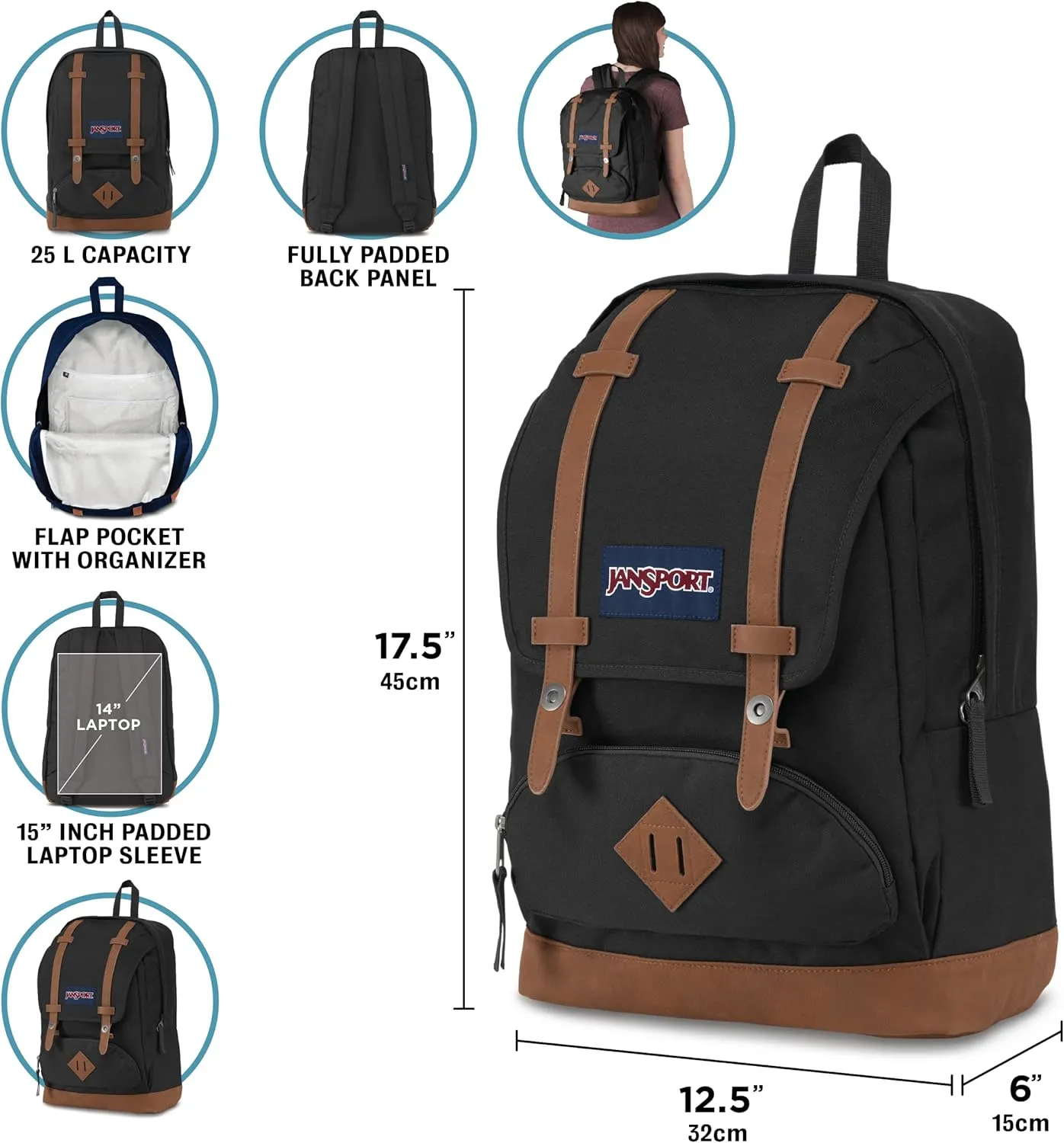 JanSport Cortlandt Laptop Backpack, Black, 15” Laptop Sleeve-Synthetic Leather Shoulder Computer Bag with Large Compartment, Padded Straps- Rucksack for Men, Women