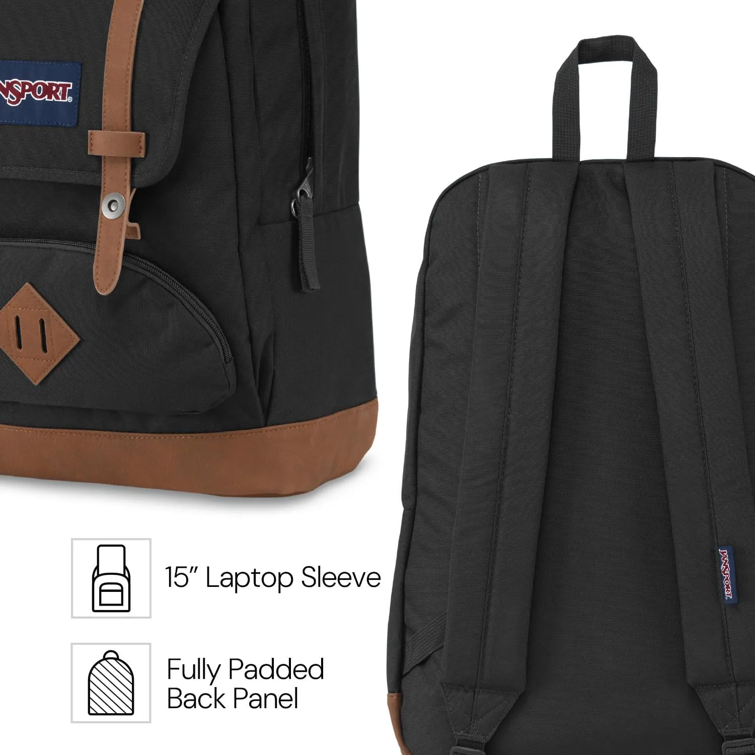 JanSport Cortlandt Laptop Backpack, Black, 15” Laptop Sleeve-Synthetic Leather Shoulder Computer Bag with Large Compartment, Padded Straps- Rucksack for Men, Women