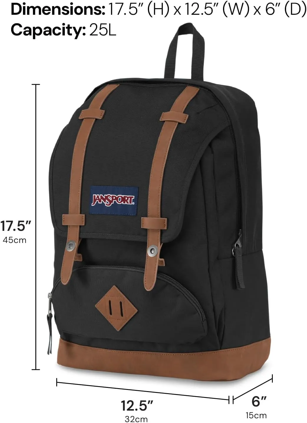 JanSport Cortlandt Laptop Backpack, Black, 15” Laptop Sleeve-Synthetic Leather Shoulder Computer Bag with Large Compartment, Padded Straps- Rucksack for Men, Women