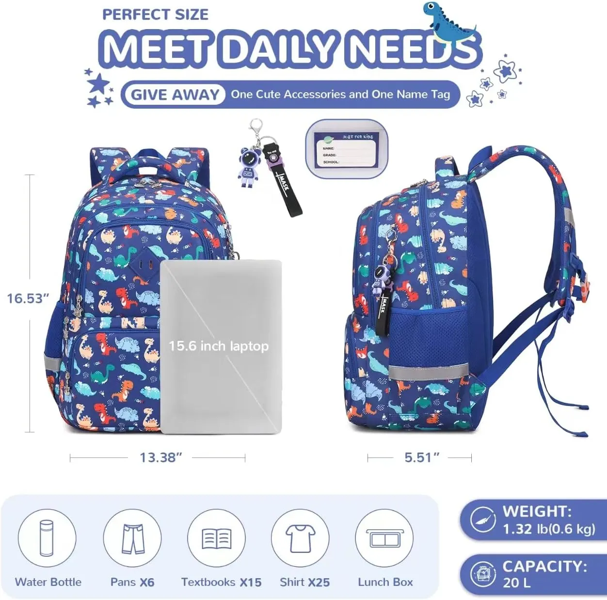 Kids Backpacks for Boys, Blue Dinosaur Elementary School Backpack, Lightweight Water Resistant Kindergarten Bookbag