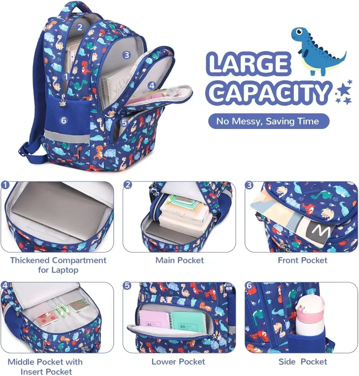 Kids Backpacks for Boys, Blue Dinosaur Elementary School Backpack, Lightweight Water Resistant Kindergarten Bookbag