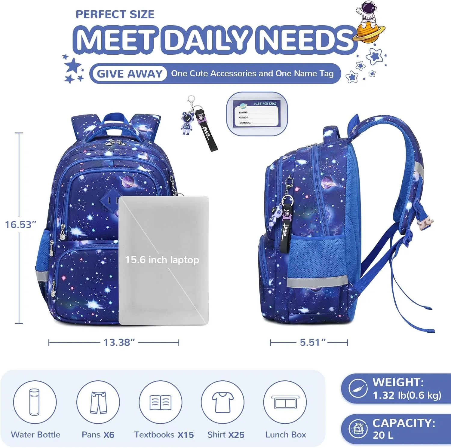 Kids Backpacks for Girls Boys, Blue Starry Sky Elementary School Backpack, Lightweight Water Resistant Kindergarten Bookbag