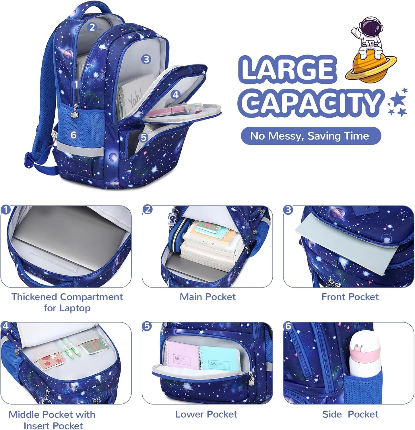 Kids Backpacks for Girls Boys, Blue Starry Sky Elementary School Backpack, Lightweight Water Resistant Kindergarten Bookbag