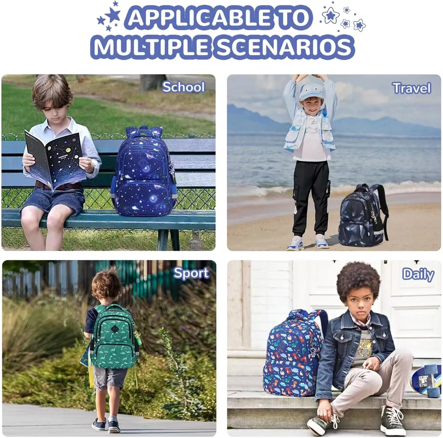 Kids Backpacks for Girls Boys, Blue Starry Sky Elementary School Backpack, Lightweight Water Resistant Kindergarten Bookbag