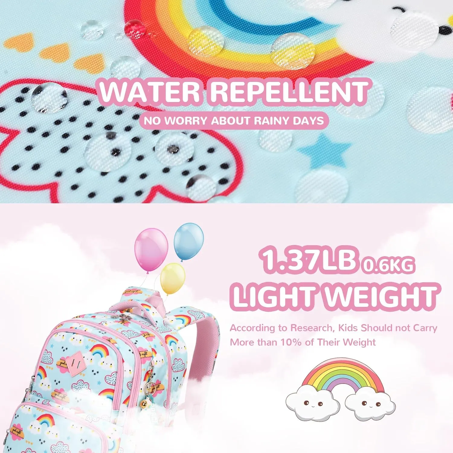 Kids Backpacks for Girls, Cyan Rainbow Elementary School Backpack, Lightweight Water Resistant Kindergarten Bookbag