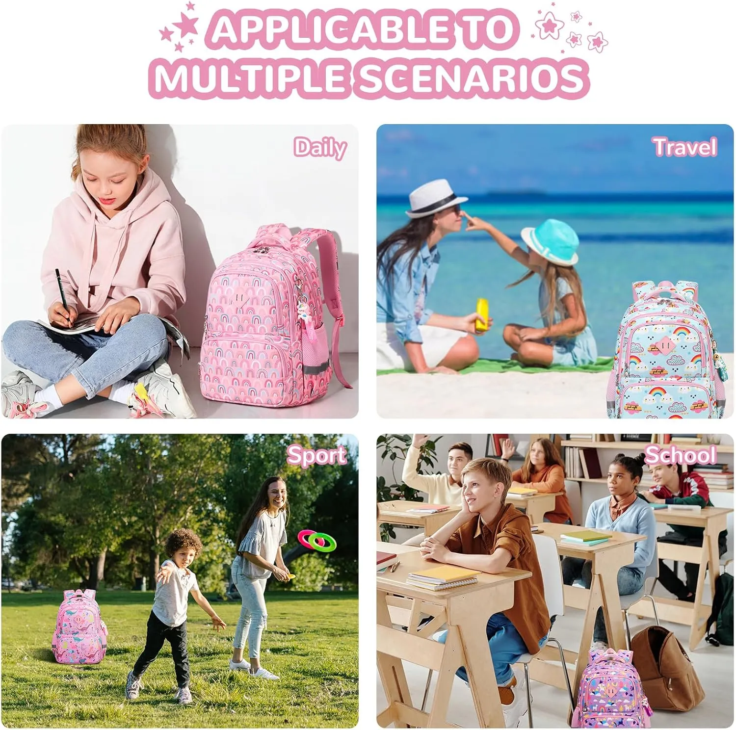 Kids Backpacks for Girls, Cyan Rainbow Elementary School Backpack, Lightweight Water Resistant Kindergarten Bookbag