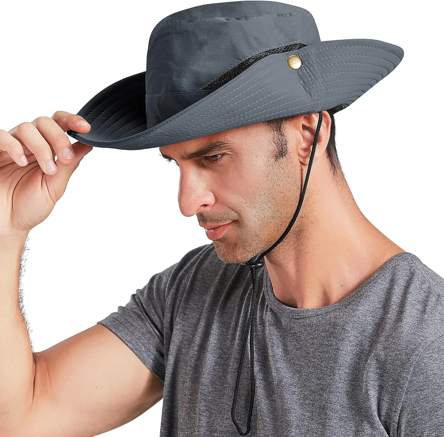 Men's Sun Hat Outdoor UPF50  Mesh Wide Brim Bucket Safari Cap Foldable Waterproof Boonie Fishing Hats