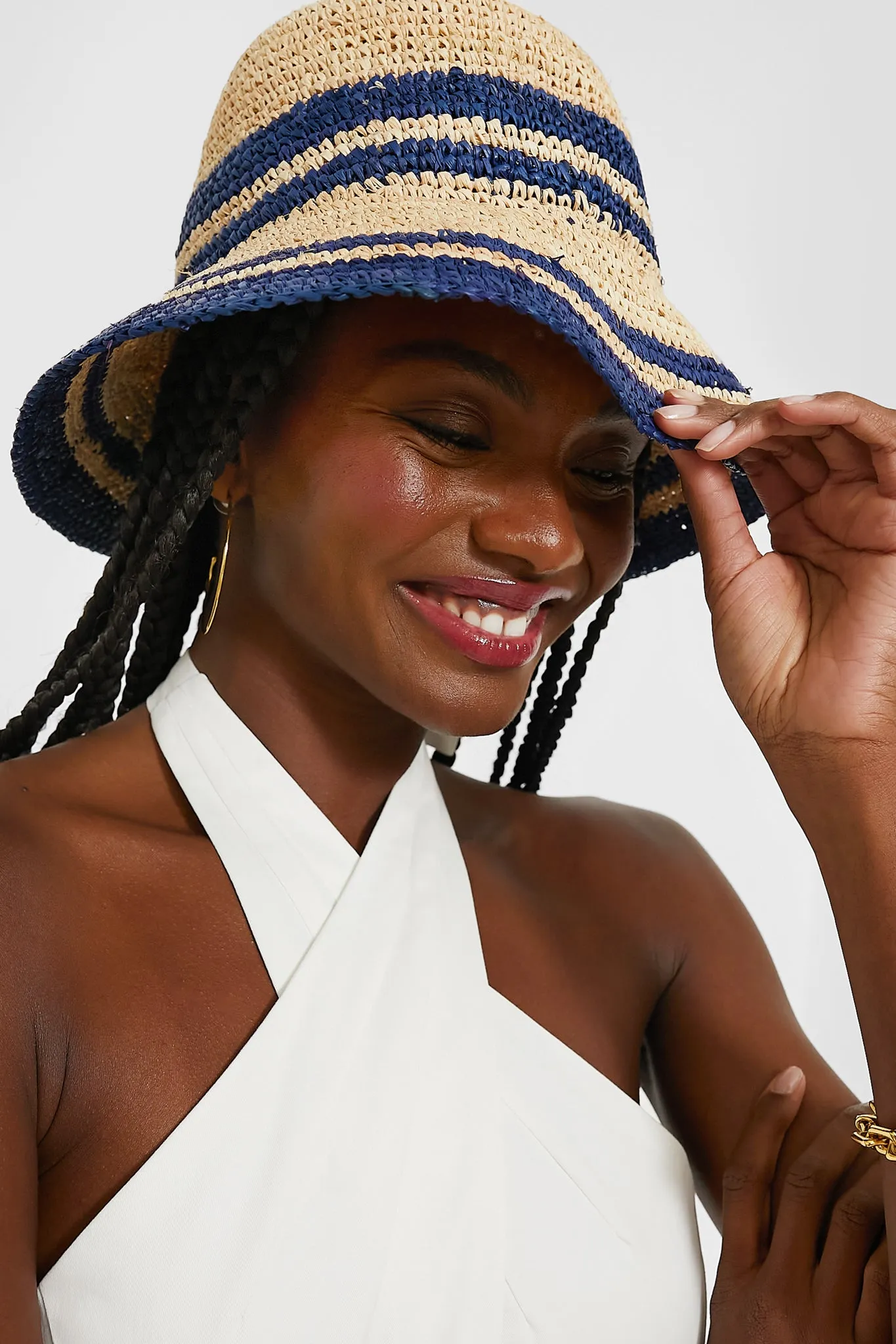 Natural and Navy Raffia Bucket Hat