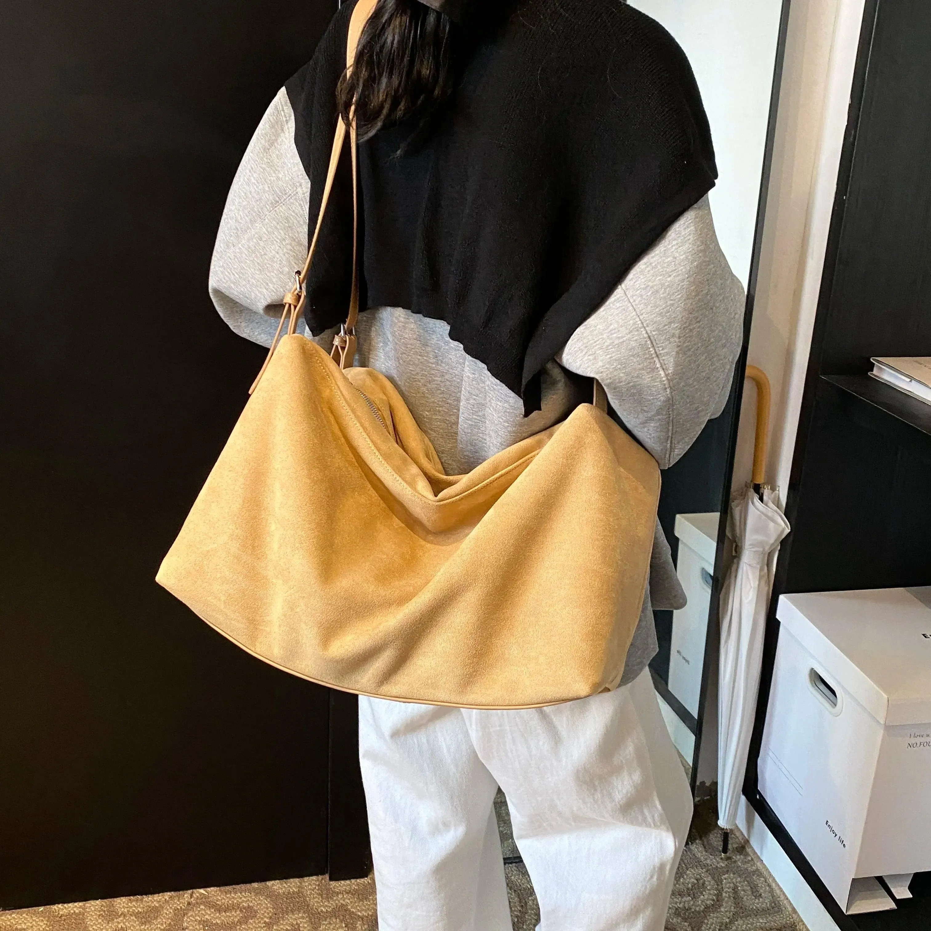 Nubuck Leather Large Handbags Woman Soft Zipper Hobo Bags Casual Shoulder Bags