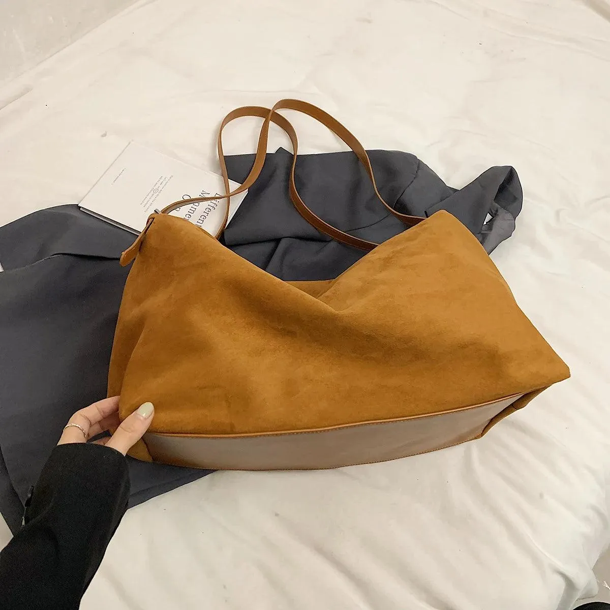Nubuck Leather Large Handbags Woman Soft Zipper Hobo Bags Casual Shoulder Bags