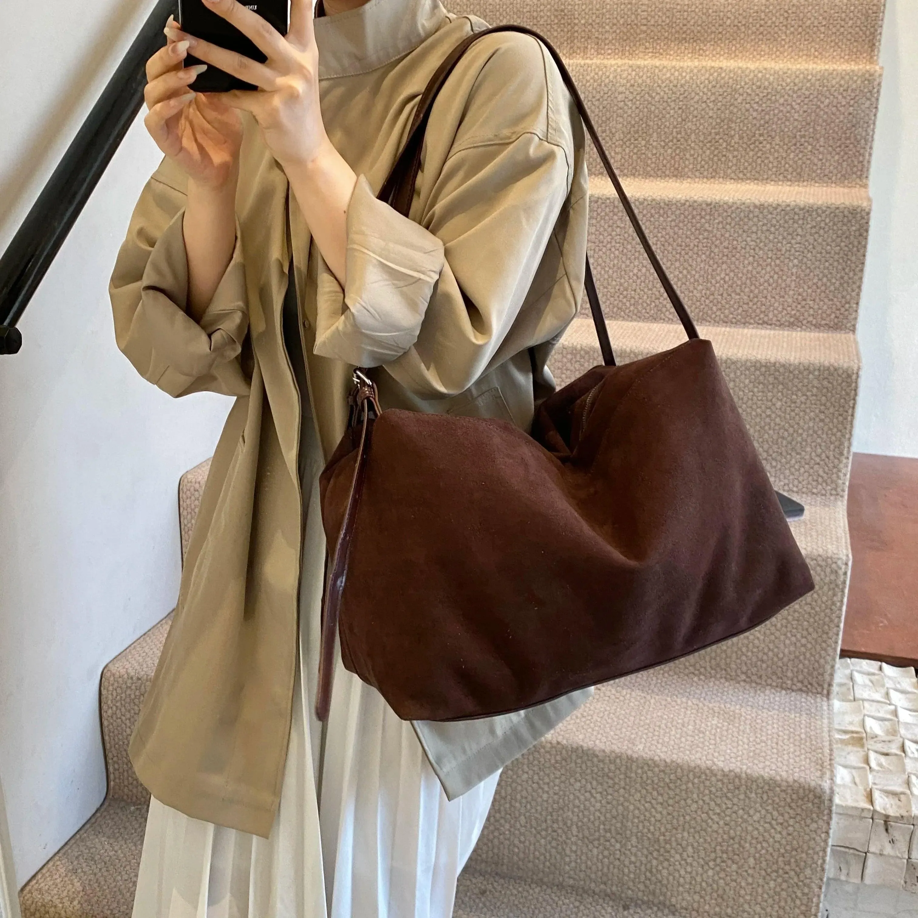 Nubuck Leather Large Handbags Woman Soft Zipper Hobo Bags Casual Shoulder Bags