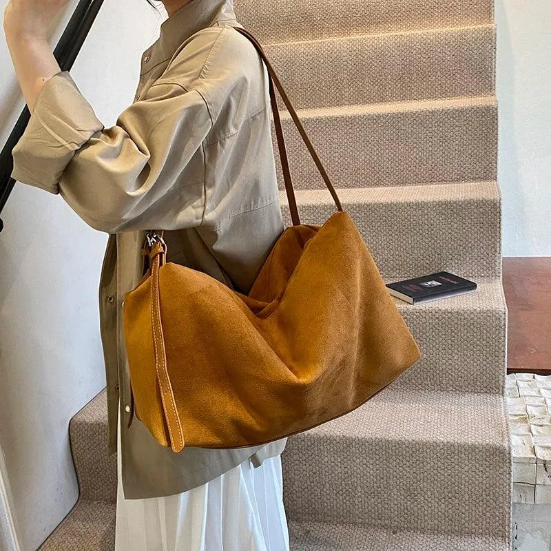 Nubuck Leather Large Handbags Woman Soft Zipper Hobo Bags Casual Shoulder Bags