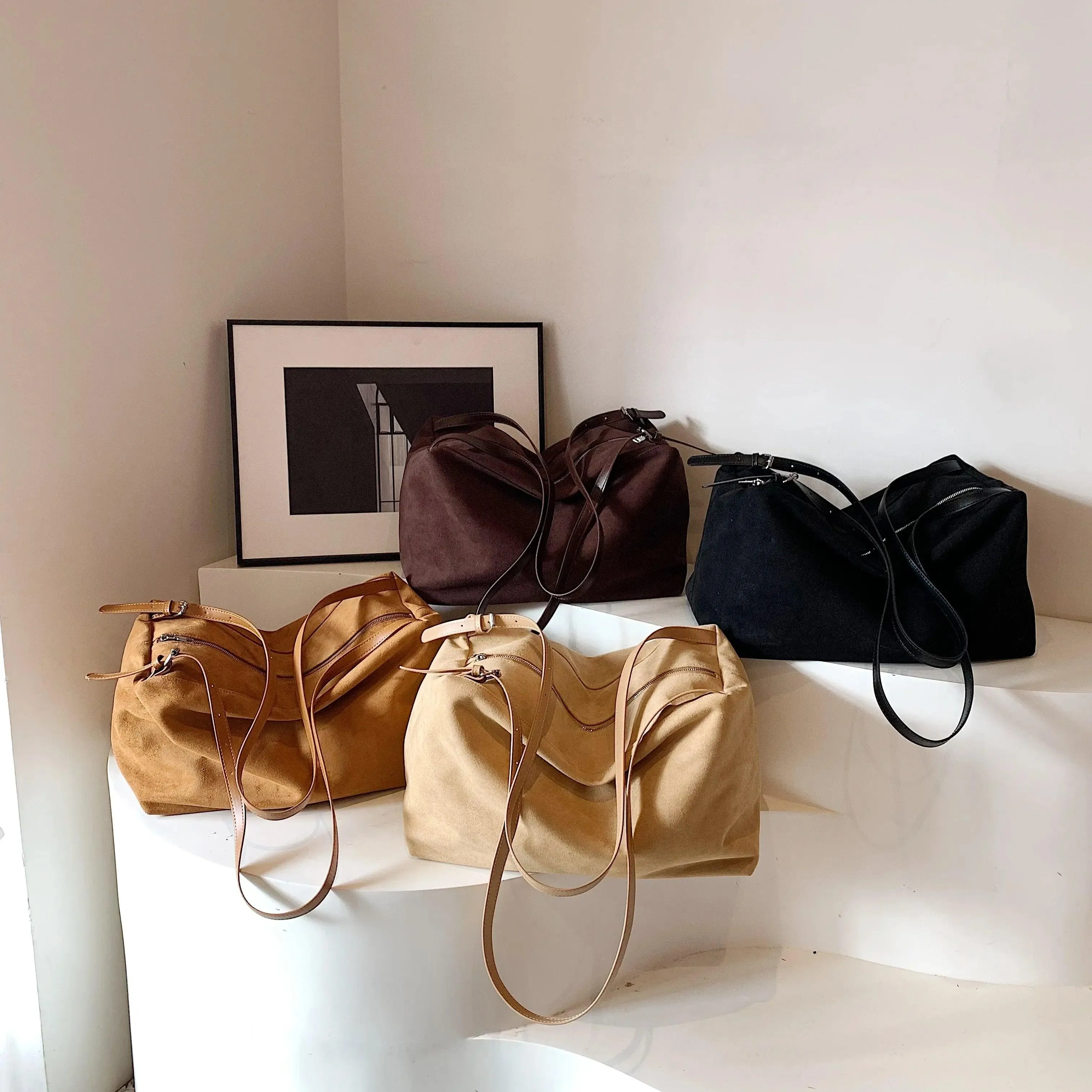 Nubuck Leather Large Handbags Woman Soft Zipper Hobo Bags Casual Shoulder Bags