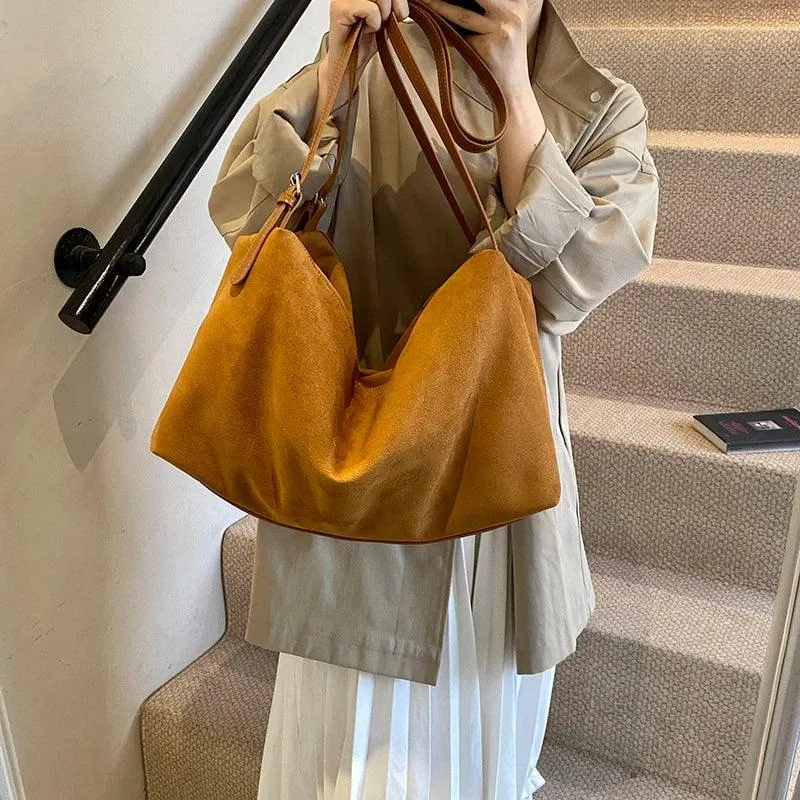 Nubuck Leather Large Handbags Woman Soft Zipper Hobo Bags Casual Shoulder Bags