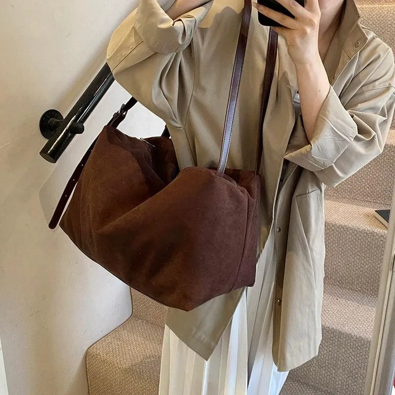 Nubuck Leather Large Handbags Woman Soft Zipper Hobo Bags Casual Shoulder Bags