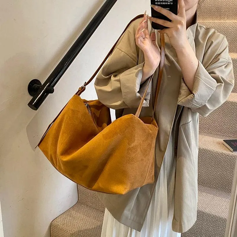Nubuck Leather Large Handbags Woman Soft Zipper Hobo Bags Casual Shoulder Bags