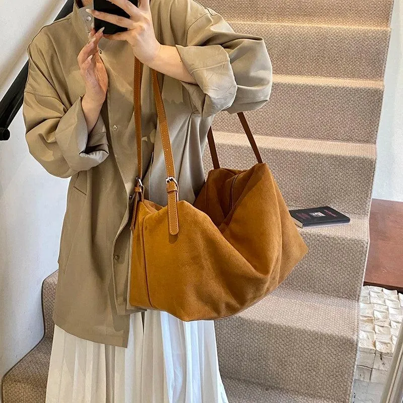 Nubuck Leather Large Handbags Woman Soft Zipper Hobo Bags Casual Shoulder Bags