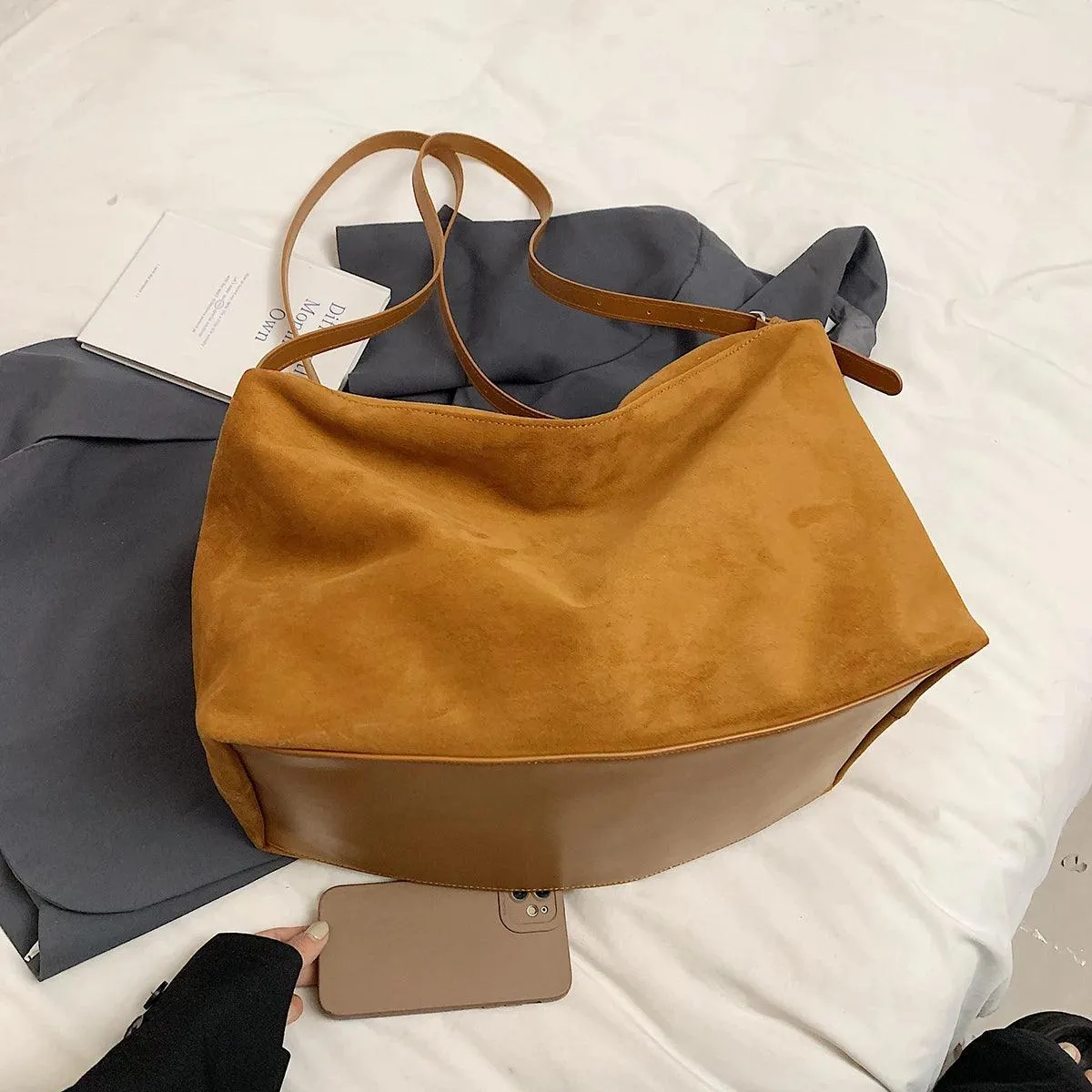 Nubuck Leather Large Handbags Woman Soft Zipper Hobo Bags Casual Shoulder Bags