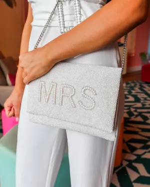 "KC" White Beaded “Mrs” Clutch