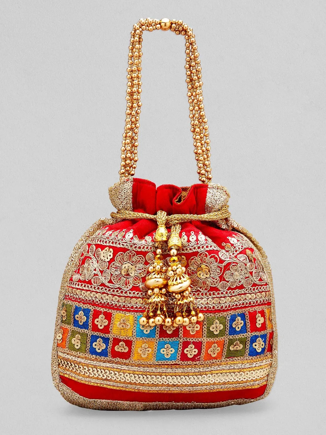 Rubans Red Coloured Potli Bag With Multicoloured And Golden Embroidery