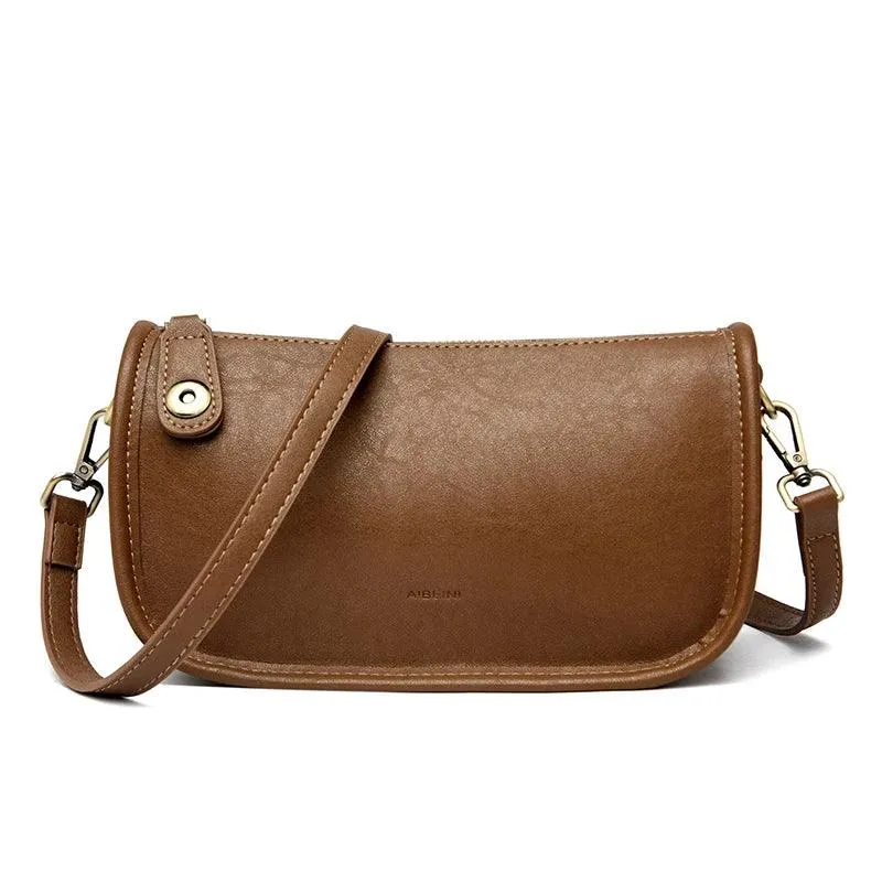 Solid Simple Sling Bag Soft Leather Zipper Crossbody Wallet Purses
