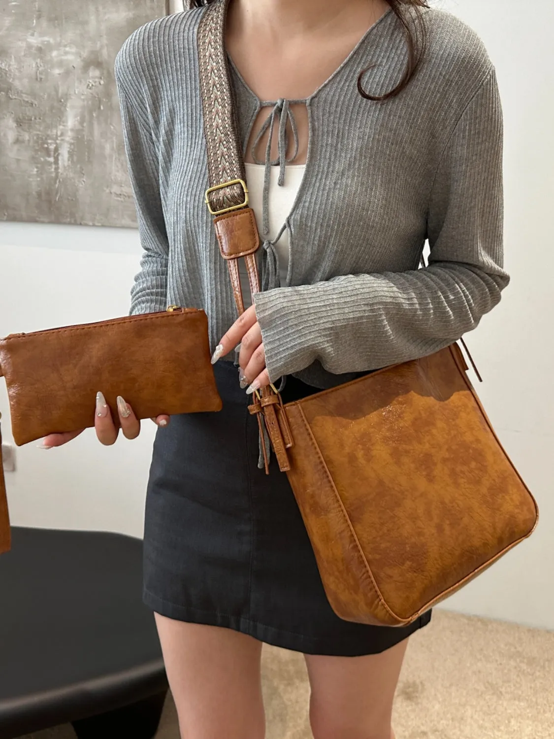 Synthetic Leather Adjustable Strap Crossbody Bag with Pouch | Crossbody Bags