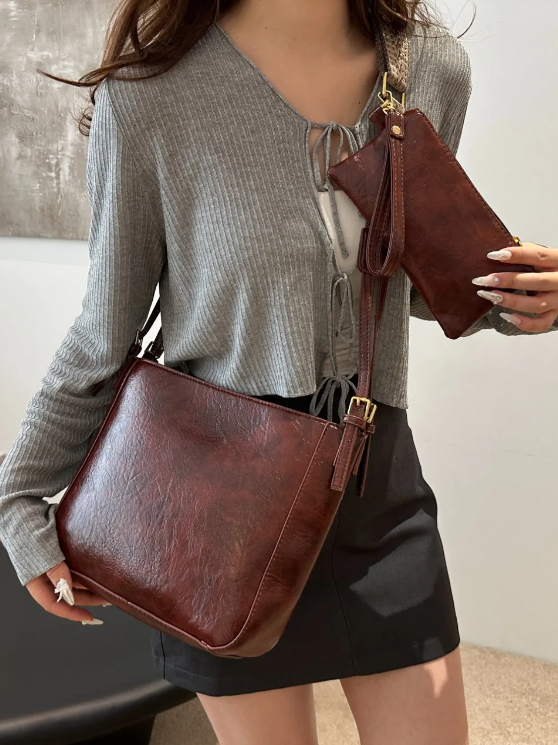 Synthetic Leather Adjustable Strap Crossbody Bag with Pouch | Crossbody Bags