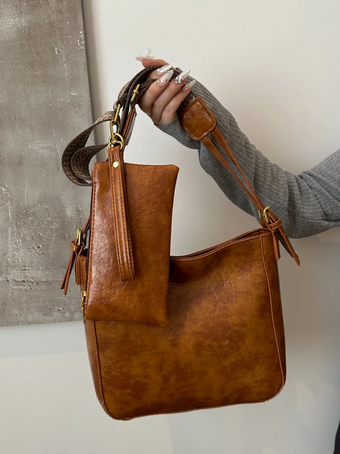 Synthetic Leather Adjustable Strap Crossbody Bag with Pouch | Crossbody Bags