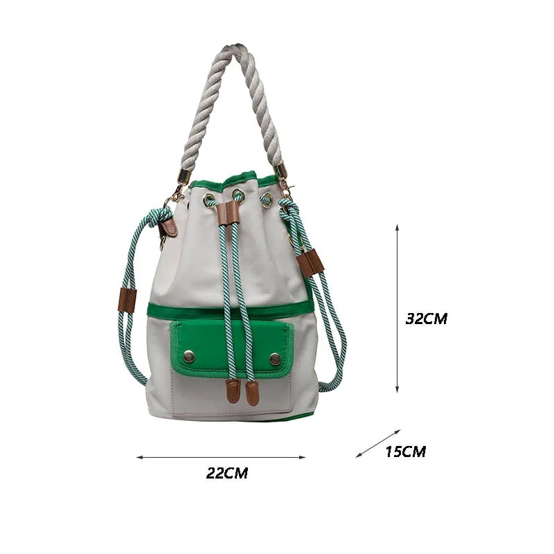 White and Blue Retro Vibe Drawstring Bucket Bag