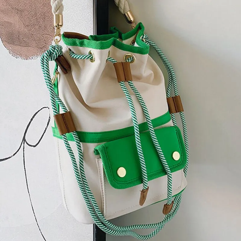 White and Blue Retro Vibe Drawstring Bucket Bag