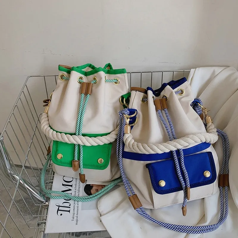 White and Blue Retro Vibe Drawstring Bucket Bag