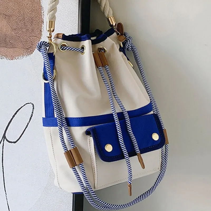 White and Blue Retro Vibe Drawstring Bucket Bag